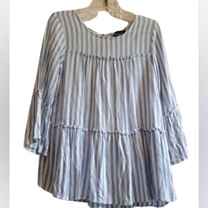 Frazzle Women’s Blue White Striped Boho Peasant Tunic Top Medium Flare Sleeve...